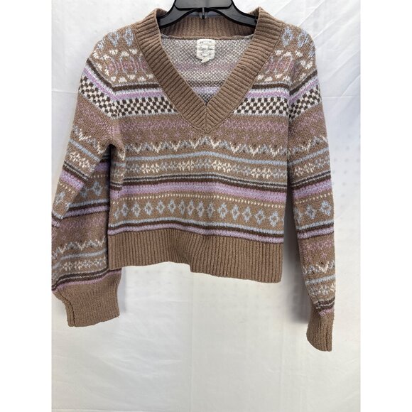 Hippie Rose Fair Isle Sweater V Neck Cropped Size Large Brown Mauve Knitted - Picture 2 of 7